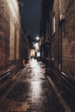 Bomboş Dar Sokak Sokak Gecesi Islak Kale ile Aydınlandı Yağmurun Ardından ve Şehir Merkezindeki Eski Tuğla Binalarla çevrili