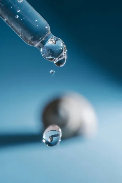 Pipette with transparent serum on the background of shells.