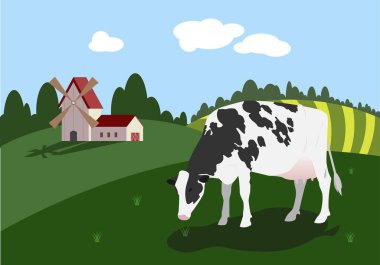 Çiftliği, tahıl hangarı, tarlası ve ineği olan doğal köy manzarası. Web siteleri ve organik ürünlerin basımı, çevre sektörü, ekoloji ve doğa koruma alanlarının resimleri.