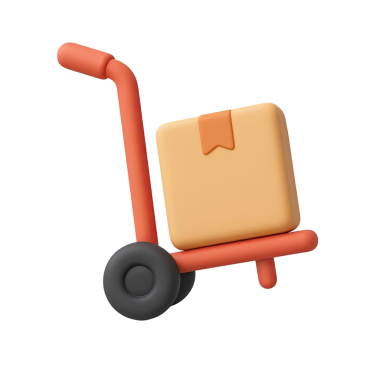 Karton kutu taşıyan bir el arabasının 3D görüntüsü, teslimatı, lojistik ve ulaşım hizmetlerini simgeliyor..