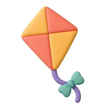 Yaylı kuyruklu bir uçurtmanın canlı bir çizimi, temiz beyaz arka plana karşı neşeli bir tasarım ve parlak renkler içeriyor..