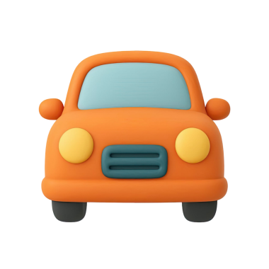 Çamurdan yapılmış turuncu renkli canlı bir araba tasviri, temiz beyaz bir arka planda geçiyor. Çocuk kitapları ya da ulaşım temaları için mükemmel.