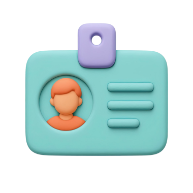 Bir kişinin portresi ve bilgi çizgileri içeren, beyaz bir arkaplanda izole edilmiş üç boyutlu bir kimlik kartı tasviri.