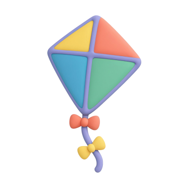 Renkli bölümleri ve dekoratif yayları olan temiz beyaz bir arkaplan üzerine kurulu canlı ve eğlenceli bir uçurtma tasviri..