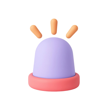 Beyaz arka planda izole edilmiş, turuncu ışınlar ile mor ışık içeren bir uyarı simgesinin üç boyutlu görüntüsü.