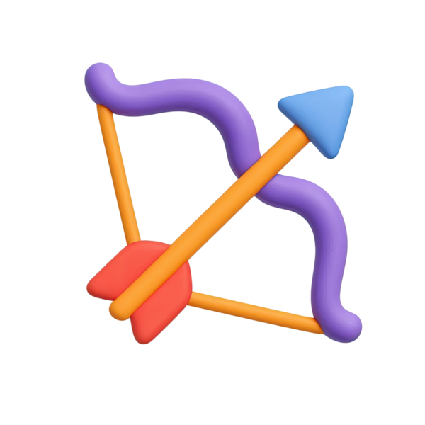 Pembe bir yay, turuncu ok ve mavi ok başlığı içeren canlı bir 3 boyutlu ok ve yay, temiz beyaz bir arkaplan üzerine kuruludur..