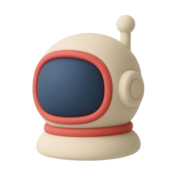 Stilize edilmiş bir astronot kaskının, koyu mavi güneşlik ve kırmızı süslemeli yuvarlak bir tasarımı olan, temiz beyaz arka plan üzerine kurulmuş 3 boyutlu bir görüntüsü..