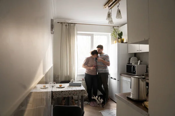 Mutfakta durup birbirleriyle kaynaşırken siyah ve beyaz kedileriyle kahve içen mutlu aile manzarası. Sabahları sevimli bir çift. Stok fotoğrafı