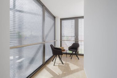 Salonda beyaz duvarlı iki rahat şezlong.