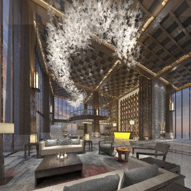 3D lüks otel resepsiyonu ve lobisi