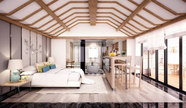 3D lüks otel odası, yatak odası.