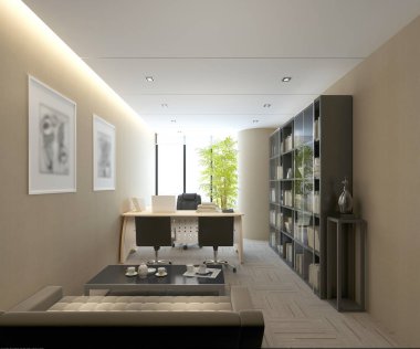 Modern çalışma alanının 3D görüntüsü, ofis içi