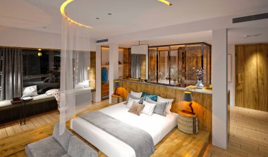 3D lüks otel odası, yatak odası.