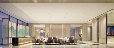 Otel resepsiyonu ve lobisinin 3D görüntüsü