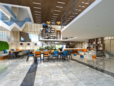 3D konforlu bina iç ve kafeterya.