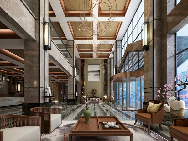 3D lüks otel lobisi resepsiyonu