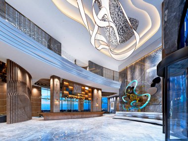 3D lüks otel resepsiyon salonu ve lobisi.