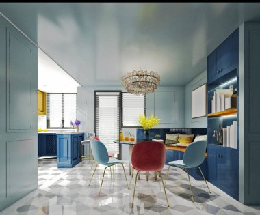 Avrupa tarzı oturma ve yemek odasının 3D canlandırması