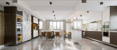 3D mutfak ve yemek odası.