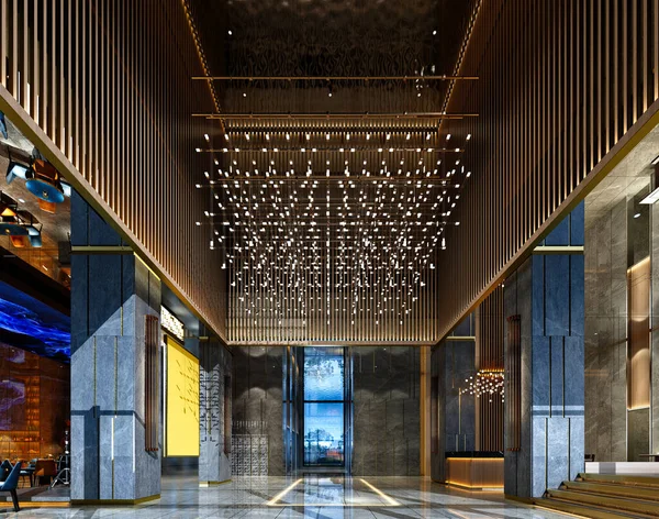 3D lüks otel resepsiyon girişi.