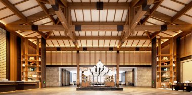 3 boyutlu ahşap otel girişi girişi resepsiyonu