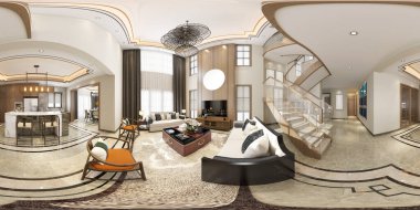 360 derece ev yapımı oturma ve yemek odası, 3D. Sanal Gerçeklik Panoramik Görünümü.