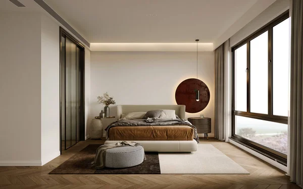 3 boyutlu modern otel odası, yatak odası.