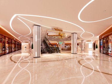 Alışveriş merkezi iç görünümünün 3D görüntüsü