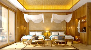 3 boyutlu ahşap otel odası.
