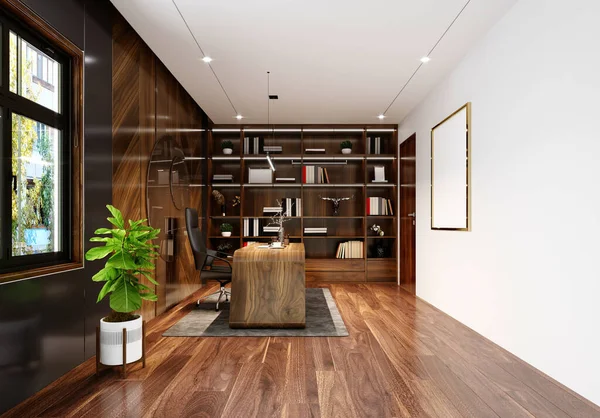 3Dレンダリング木製のスタイルオフィス — ストック写真