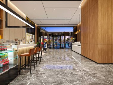 3D lüks otel resepsiyon lobi barı.