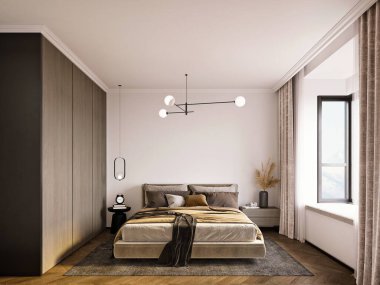 Modern yatak odası, otel odası.