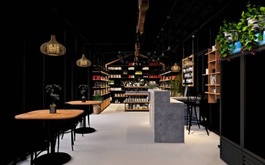 3D render restoran kafesi içerisi