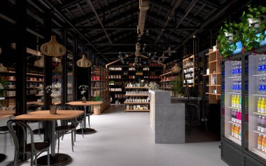 3D render restoran kafesi içerisi