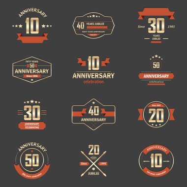 Vector set of anniversary signs, symbols. Ten, twenty, thirty, forty, fifty years jubilee design elements collection.
