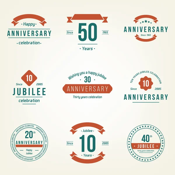 Vector set of anniversary signs, symbols. Ten, twenty, thirty, forty, fifty years jubilee design elements collection. — Stock Vector