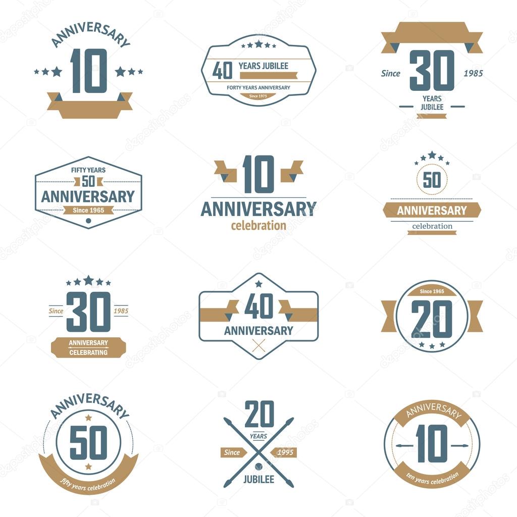 Vector set of anniversary signs, symbols. Ten, twenty, thirty, forty, fifty years jubilee design elements collection.