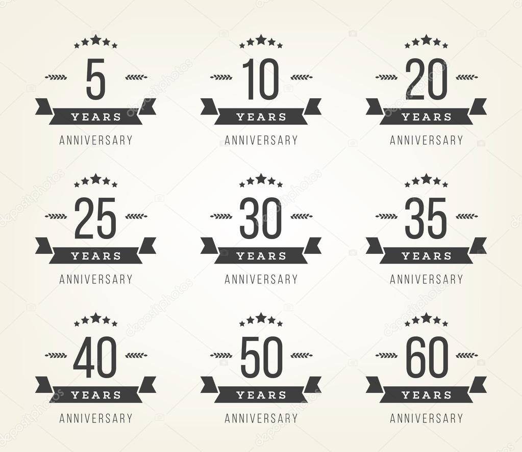 Vector set of anniversary signs, symbols. Five, ten, twenty, thirty, forty, fifty years jubilee design elements collection.