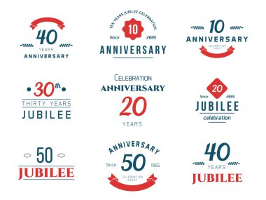 Set of anniversary signs, symbols. Ten, twenty, thirty, forty, fifty years jubilee design elements collection.