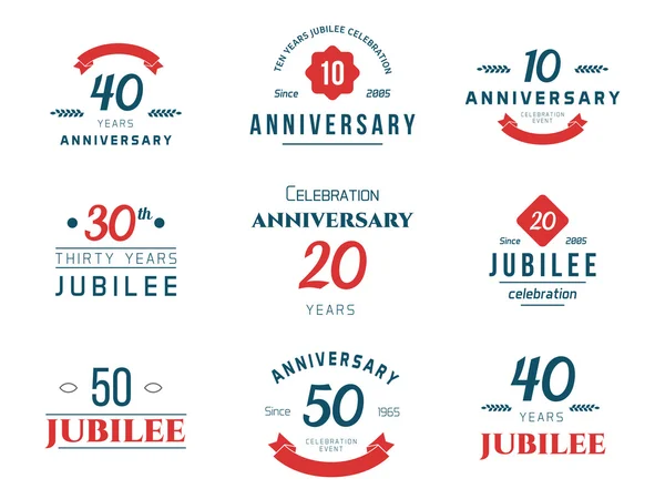 Set of anniversary signs, symbols. Ten, twenty, thirty, forty, fifty years jubilee design elements collection. — Stock Vector