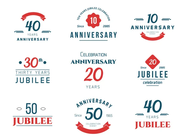Set of anniversary signs, symbols. Ten, twenty, thirty, forty, fifty years jubilee design elements collection. Εικονογράφηση Αρχείου