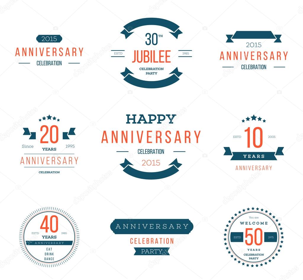 Vector set of anniversary signs, symbols. Ten, twenty, thirty, forty, fifty years jubilee design elements collection.