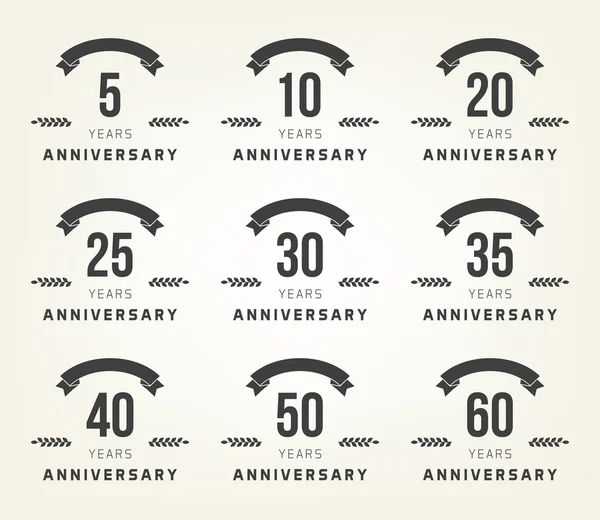 Vector set of anniversary signs, symbols. Five, ten, twenty, thirty, forty, fifty years jubilee design elements collection. — Stock Vector