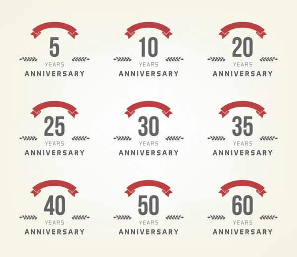 Vector set of anniversary signs, symbols. Five, ten, twenty, thirty, forty, fifty years jubilee design elements collection. — Stock Vector