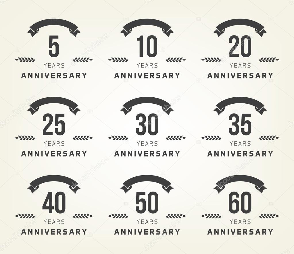 Vector set of anniversary signs, symbols. Five, ten, twenty, thirty, forty, fifty years jubilee design elements collection.