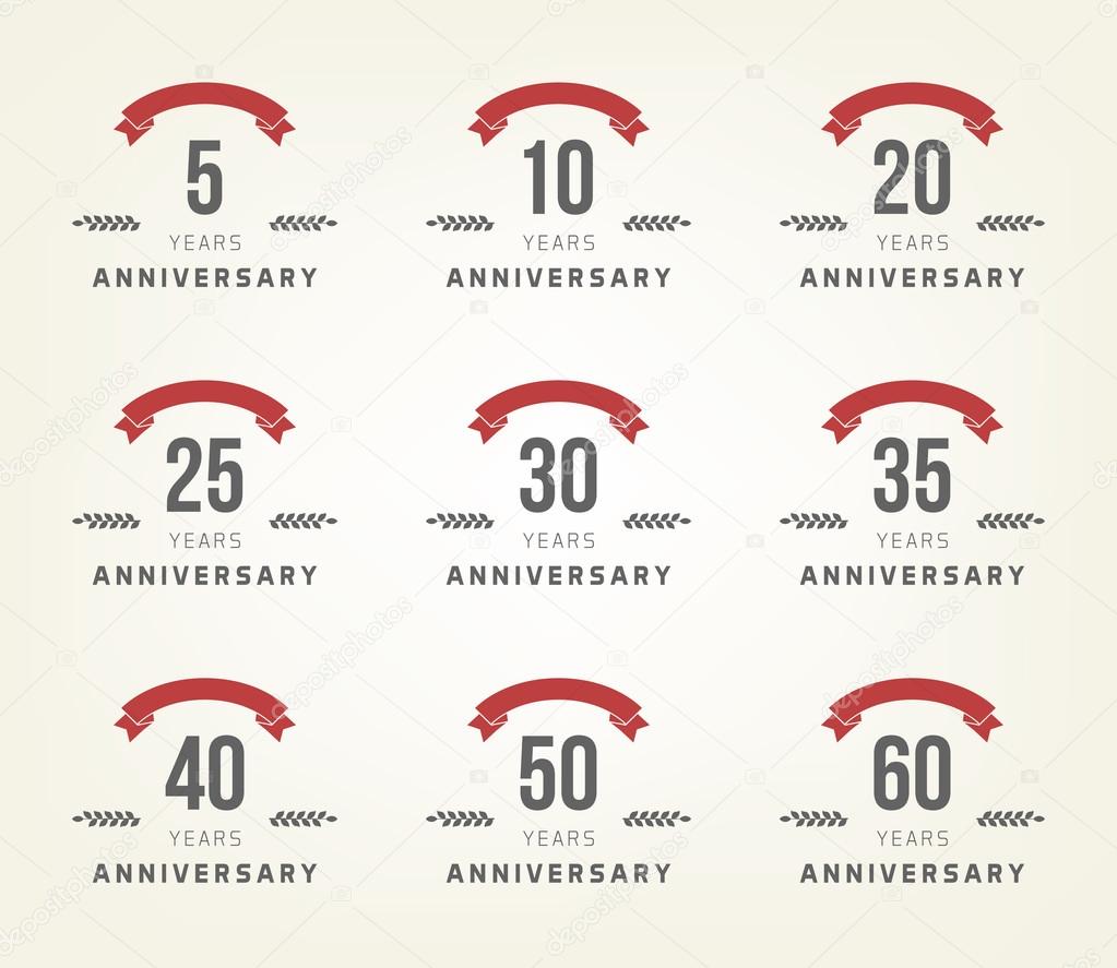 Vector set of anniversary signs, symbols. Five, ten, twenty, thirty, forty, fifty years jubilee design elements collection.