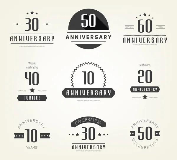 벡터 집합 기념일 표시, 기호입니다. 10, 20, 30, 40, 50, 60 년 축제 디자인 요소 컬렉션. — 스톡 벡터