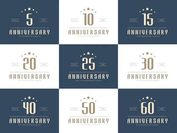 Vector set of anniversary signs, symbols. Five, ten, fifteen, twenty, thirty, forty, fifty, sixty years jubilee design elements collection. — Stock Vector