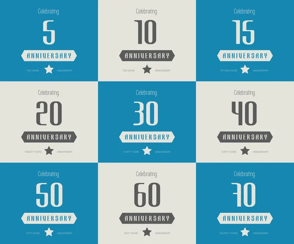 Vector set of anniversary signs, symbols. Five, ten, fifteen, twenty, thirty, forty, fifty, sixty, seventy years jubilee design elements collection. — Stock Vector