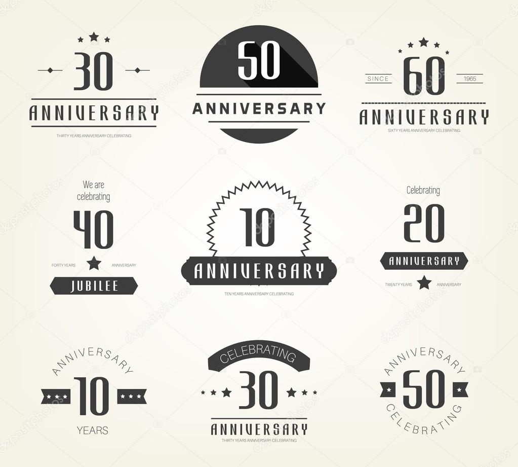 Vector set of anniversary signs, symbols. Ten, twenty, thirty, forty, fifty, sixty years jubilee design elements collection.